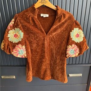 THML Rust Velvet Blouse with Floral Embroidery